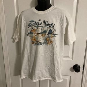 “It’s a Boater’s World the Reel Deal” Men’s T-Shirt, Cream Color, Gildan, Size L